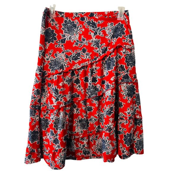 Cato Skirt Women XS Midi Elastic Waist Pull On Stretch Red‎ Blue Ruffle Modest - Picture 1 of 7